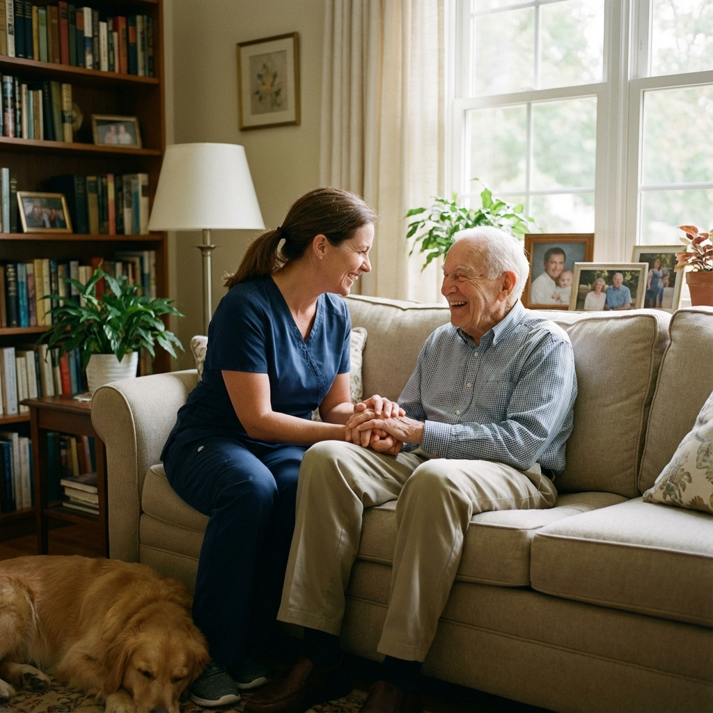 Compassionate home care professional assisting a client